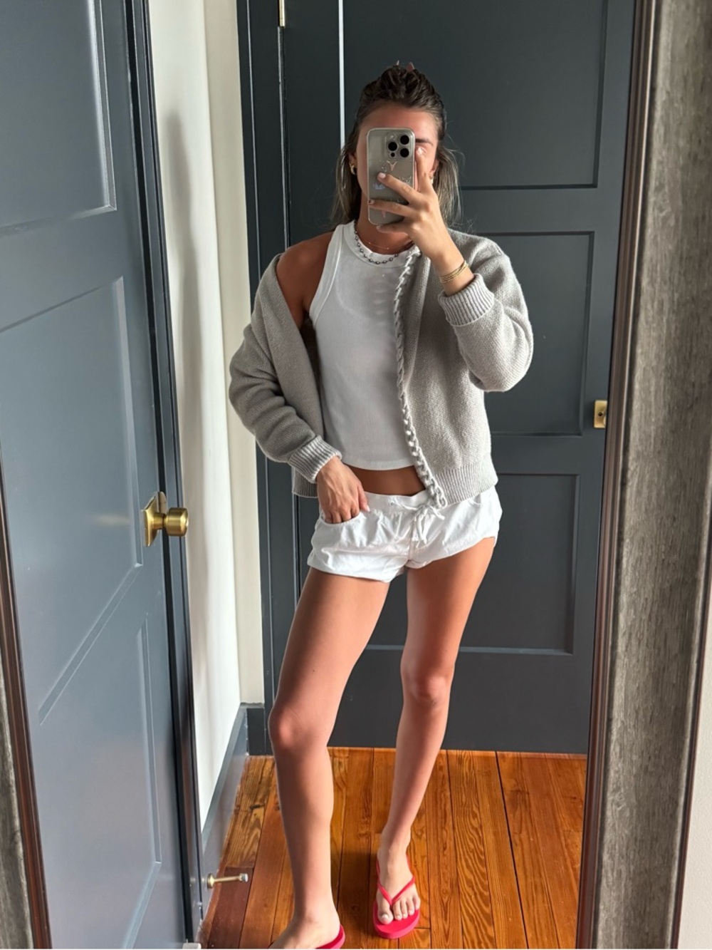 Chain-Trim Open Cardigan in Light Gray